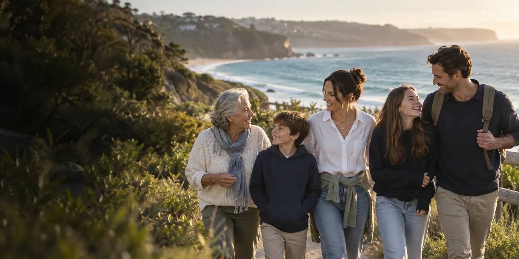 Illustrative family walking together by the coast