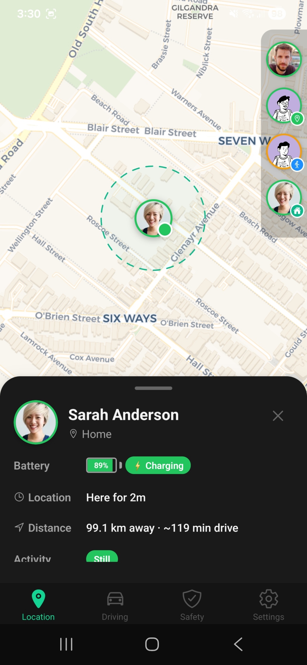 Zamily app live family map: Sarah Anderson at Home, four family members in the side rail, and an info card showing 89% battery, charging, Here for 2 minutes, 99.1 km away.