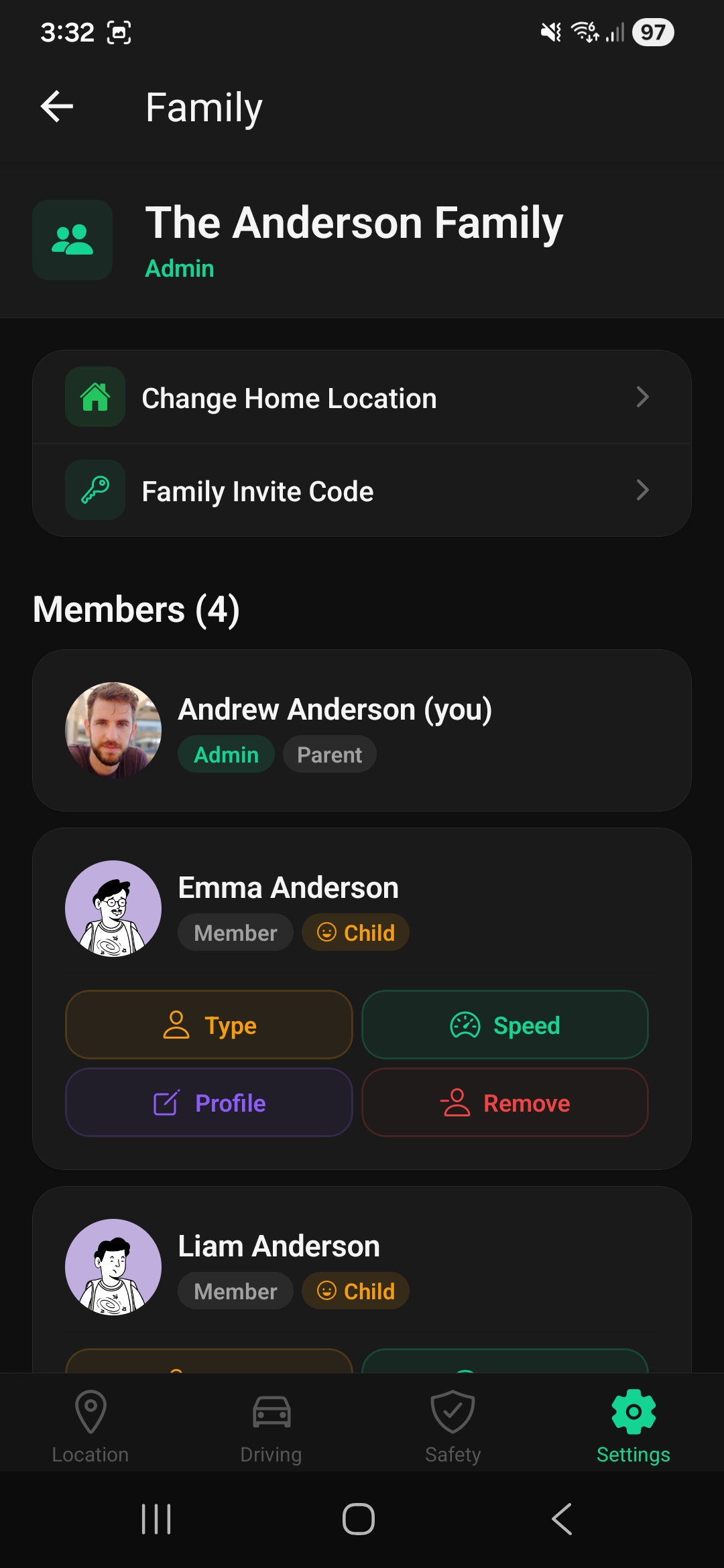 Zamily Settings — the Anderson Family admin screen showing Change Home Location, Family Invite Code, and four family members with role and child badges.