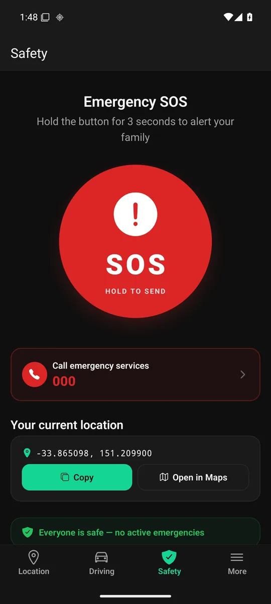 Zamily Android Family SOS screen with fictional sample data